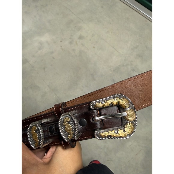Nocona Belt Co Mens Genuine Leather Western Belt Size 44 Silver Gold Buckle